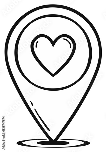 Hand drawn map pin icon with a heart symbol inside for favorite location
