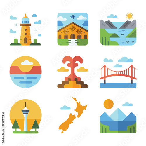 Natural landscape illustration pack, hills waterfalls rivers forests sunrise, eco travel celebration symbols, modern flat vector illustration