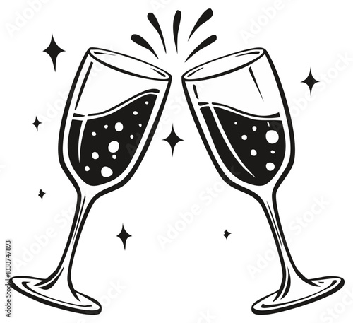 Black and white illustration of two champagne glasses clinking with bubbles and sparkles