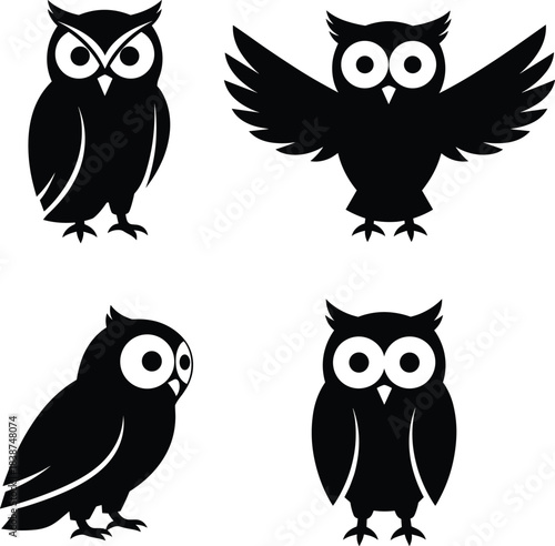 Owl silhouette icons, cartoon owl set, bird of prey graphic, wise owl symbol, flying owl vector flat illustration.