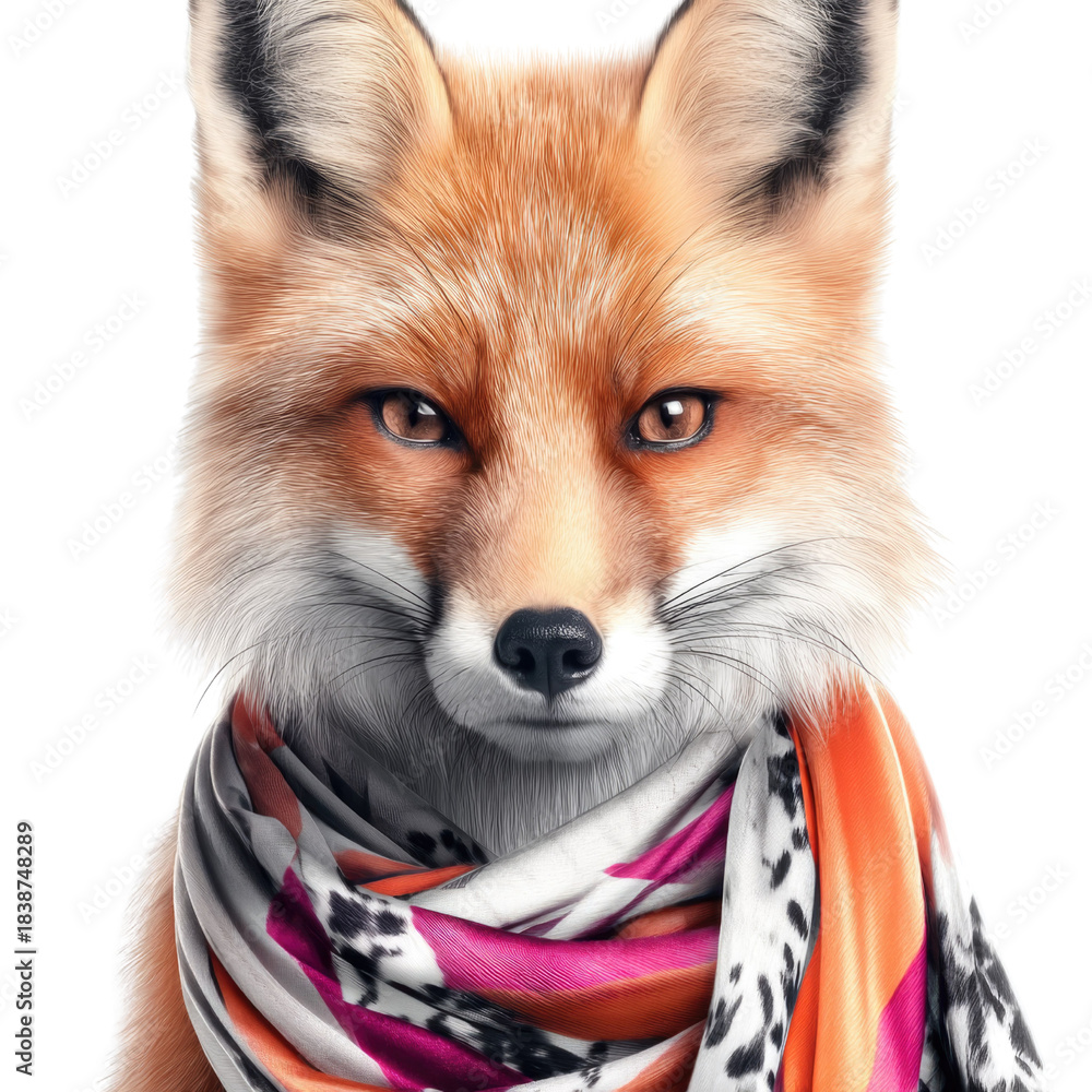 Obraz premium Stylish fox wearing colorful scarf showcasing a unique blend of nature and fashion in a vibrant portrait