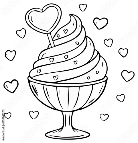 Valentine's Day ice cream sundae with heart decorations, a hand drawn coloring page illustration