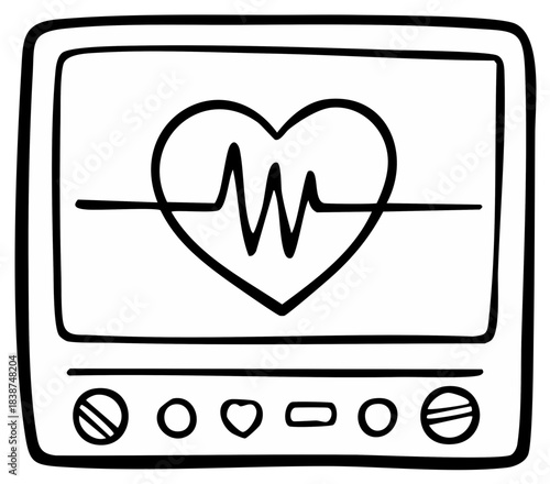 Hand drawn heart monitor icon showing electrocardiogram pulse inside a heart outline doodle