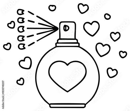 Outline drawing of a heart shaped perfume bottle spraying hearts for romantic fragrance