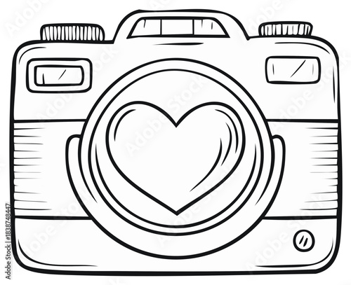 Line art illustration of a retro photo camera featuring a prominent heart in the lens for creative concepts.
