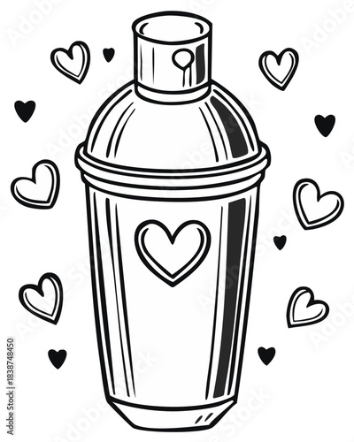 Illustrated Cocktail Shaker with Hearts in a Whimsical Black and White Design