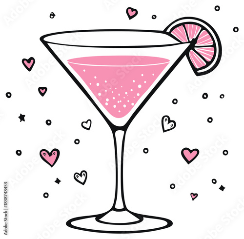 Whimsical pink cocktail in martini glass with hearts citrus garnish doodle