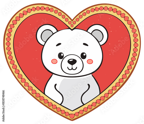 Adorable white cartoon bear character with rosy cheeks in a decorative red heart frame