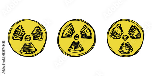 Set of hand drawn radiation sign Nuclear radiation hazard symbol Radioactive danger warning doodle Radioactive waste Single element for print, web, design, decor