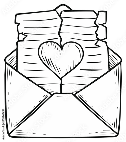 Vintage style black and white sketch of an open envelope with a heart and love letters