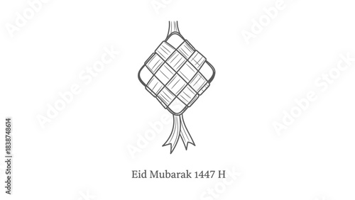A black and white line art illustration of a traditional ketupat, a woven palm leaf rice dumpling, with "Eid Mubarak 1447 H" text below.