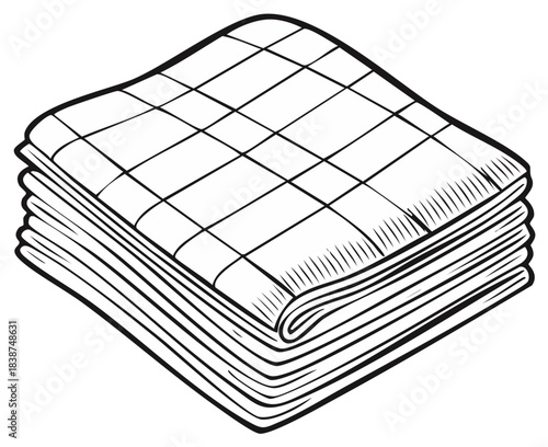 Hand drawn stack of neatly folded checkered cloths or towels line art illustration