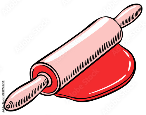 Rolling pin and red dough illustration for baking and cooking