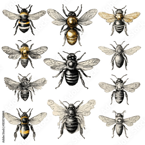 A collection of vintage scientific illustrations of various bees.