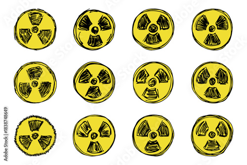 Set of hand drawn radiation sign Nuclear radiation hazard symbol Radioactive danger warning doodle Radioactive waste Single element for print, web, design, decor