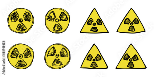 Set of hand drawn radiation sign Nuclear radiation hazard symbol Radioactive danger warning doodle Radioactive waste Single element for print, web, design, decor