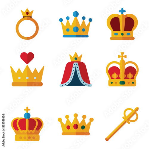 Imperial royalty illustration pack featuring golden crowns jewels mantles, monarchy ceremony celebration graphics, colorful flat vector design