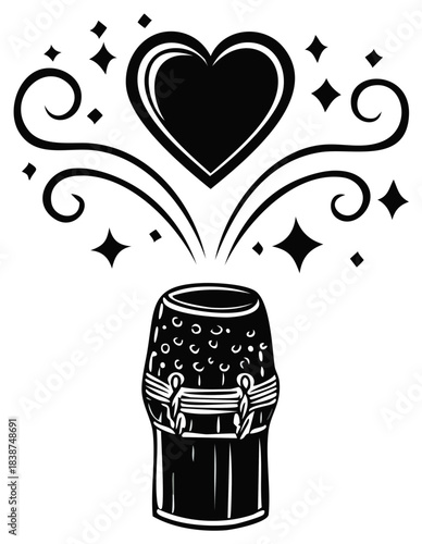 Stylized champagne cork bursting with a heart and festive sparkles, symbolizing romance and celebration.
