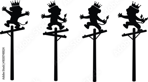 Set of crowned monkey silhouettes standing on utility poles with paintbrushes, whimsical fantasy illustration, symbolic surreal animal art creative design