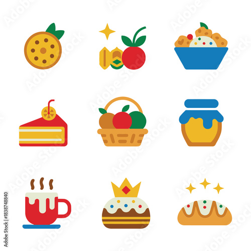 Festive dessert and food icon set with cakes fruits baskets drinks, celebration party event elements, colorful flat vector illustration