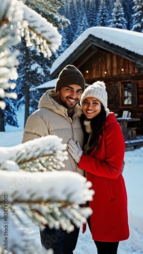 A smiling couple in warm clothes hugs near a wooden cabin in a snowy forest. The scene evokes romance and winter holidays, perfect for seasonal travel or lifestyle content.