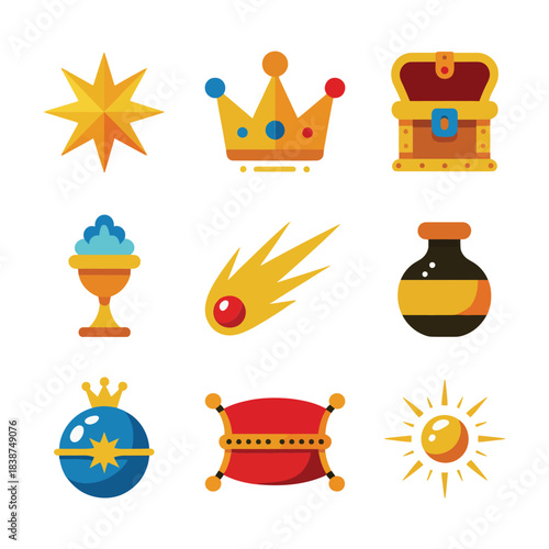 Royal celebration icon set with crowns stars treasures jars, ceremonial festival symbols, colorful flat vector illustration