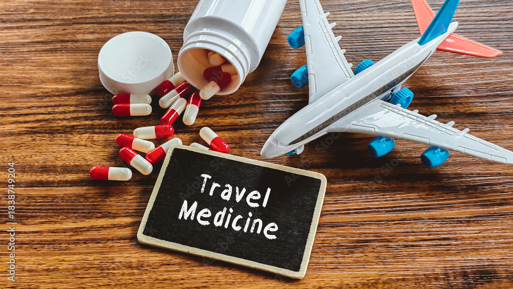 Obraz premium Travel Medicine Preparations: Airplane, Pills, and Bottle Representing Healthcare and Vaccination for International Trips