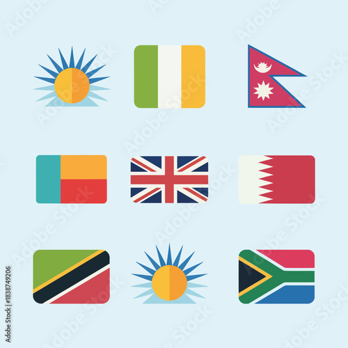 Global festival and nationality icon collection with flags suns islands, cultural celebration symbols, clean flat vector illustration