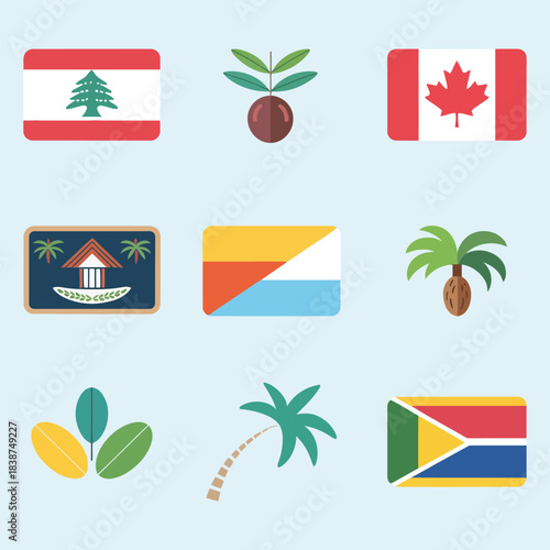 Tropical nation flag icon set combined with nature symbols palms coconuts leaves, cultural festival visuals, vibrant flat vector illustration