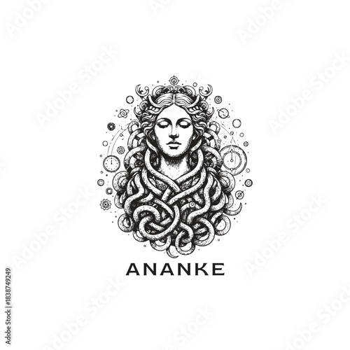 Surreal illustration depicting Ananke, the primordial Greek goddess of Necessity, Fate, and Destiny