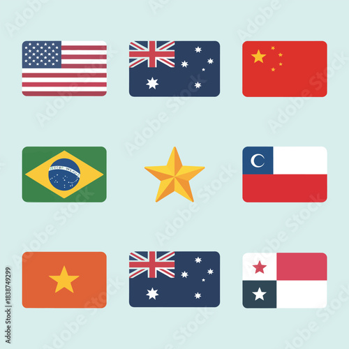International country flag collection featuring United States Australia China Brazil Vietnam Chile Panama, modern flat vector icons