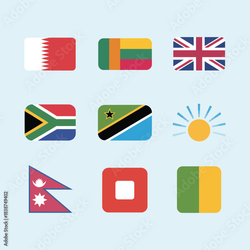 Global nationality flag collection featuring island nature elements coconuts palms, travel culture event symbols, clean flat vector design