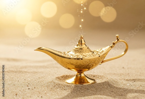Magical golden genie lamp glowing with mystical light, creating an enchanting Arabian fantasy scene with sparkling illumination and ancient charm on a dark shimmering background.