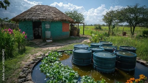 Rural scene with a thatched-roof hut, water tanks, and a pond surrounded by greenery