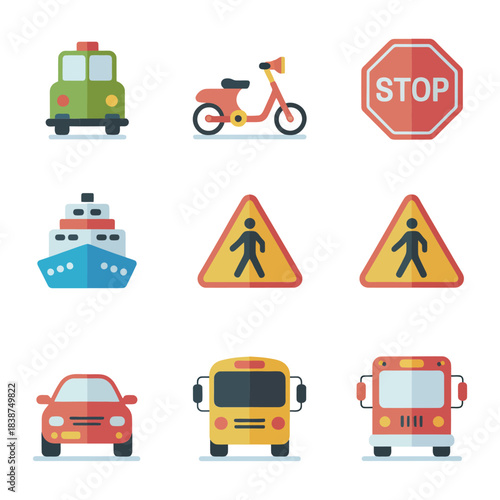 Cartoon transportation and traffic rules illustration set, bright vehicle icons for preschool learning resources
