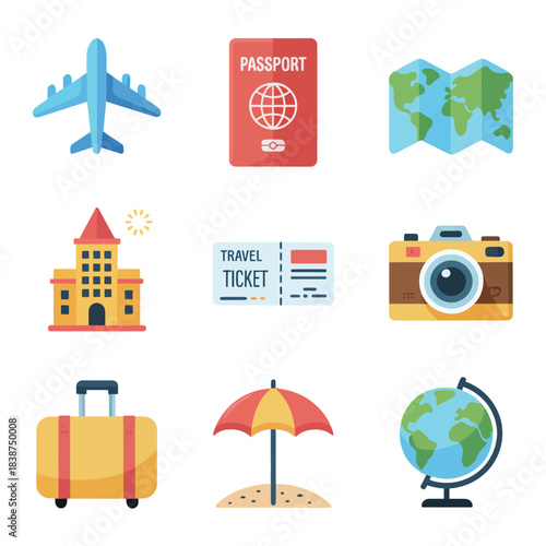 Travel and tourism icon pack, airplane passport map luggage camera globe symbols, modern flat vector illustration set