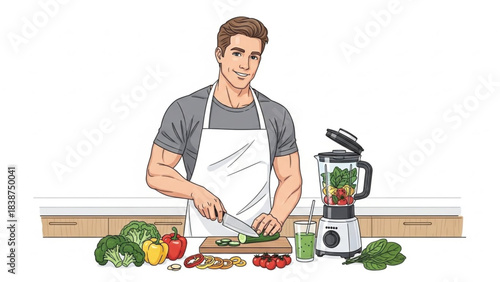 Smiling man in a home kitchen holding fresh vegetables for a healthy salad or meal