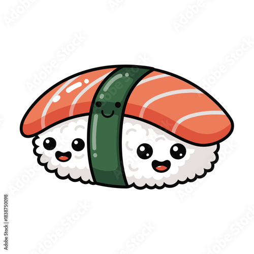 Adorable Sushi Nigiri Character with Smiling Face and Salmon Topping.