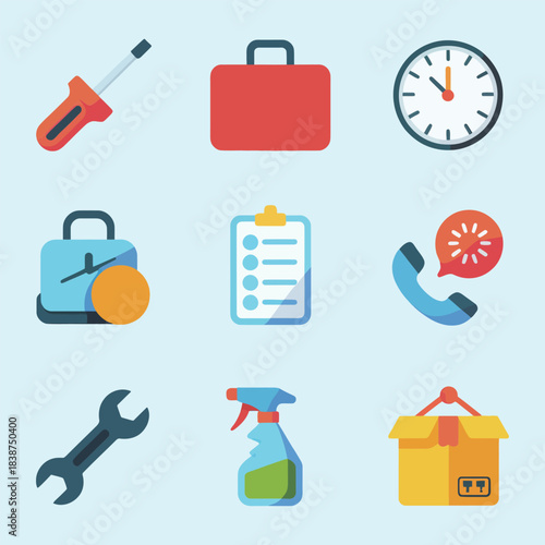 Office task management and service toolkit illustration pack, tools suitcase clock checklist communication icons vector set