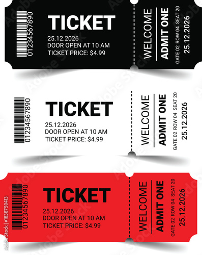 Event Ticket Vector Set – Black White Red Admit One Design