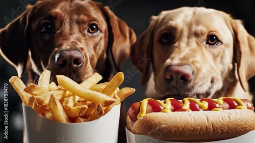 Two hungry dogs look longingly at tempting fast food including crispy french fries and a hot dog
