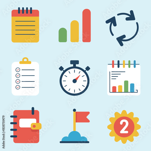 Productivity tracking and performance management icons pack, charts targets reminders timers documents vector illustrations