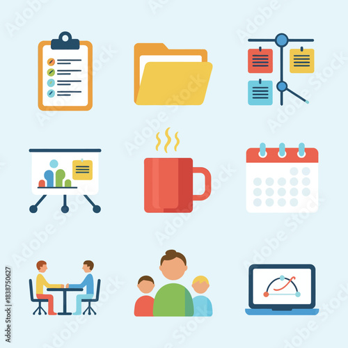 Office routine illustration set, clipboard folder calendar analytics mug elements, daily work process theme, clean flat vector design