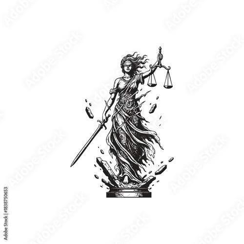 Striking vintage engraving style illustration of Lady Justice, the Roman Goddess of Justice