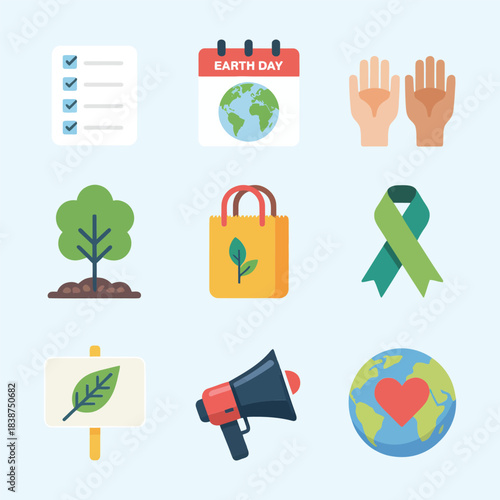 Earth day awareness and eco lifestyle icons set, recycling checklist green ribbon trees planet care vector illustrations