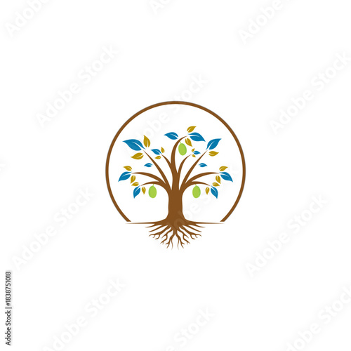 Stylized Tree with Roots and Fruits in a Circular Logo