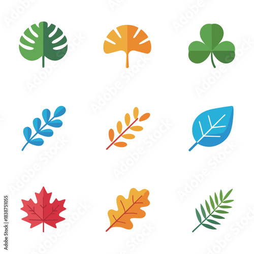 Nature elements and eco earth symbols set, leaves planet sustainability environment protection flat vector icons