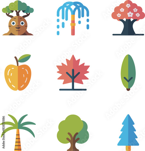 Nature tree and fruit icons, apple palm maple willow elements, garden landscape theme, modern flat vector set