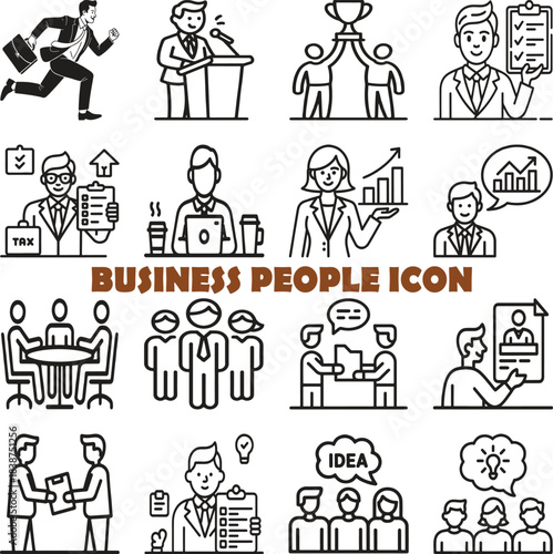 Business people icons set running, presenting, winning, clipboard, tax, laptop, growth, chat, meeting, team, handshake, profile, document, checklist, idea