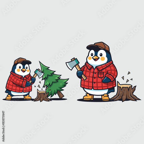 Penguin Lumberjacks Chopping Trees